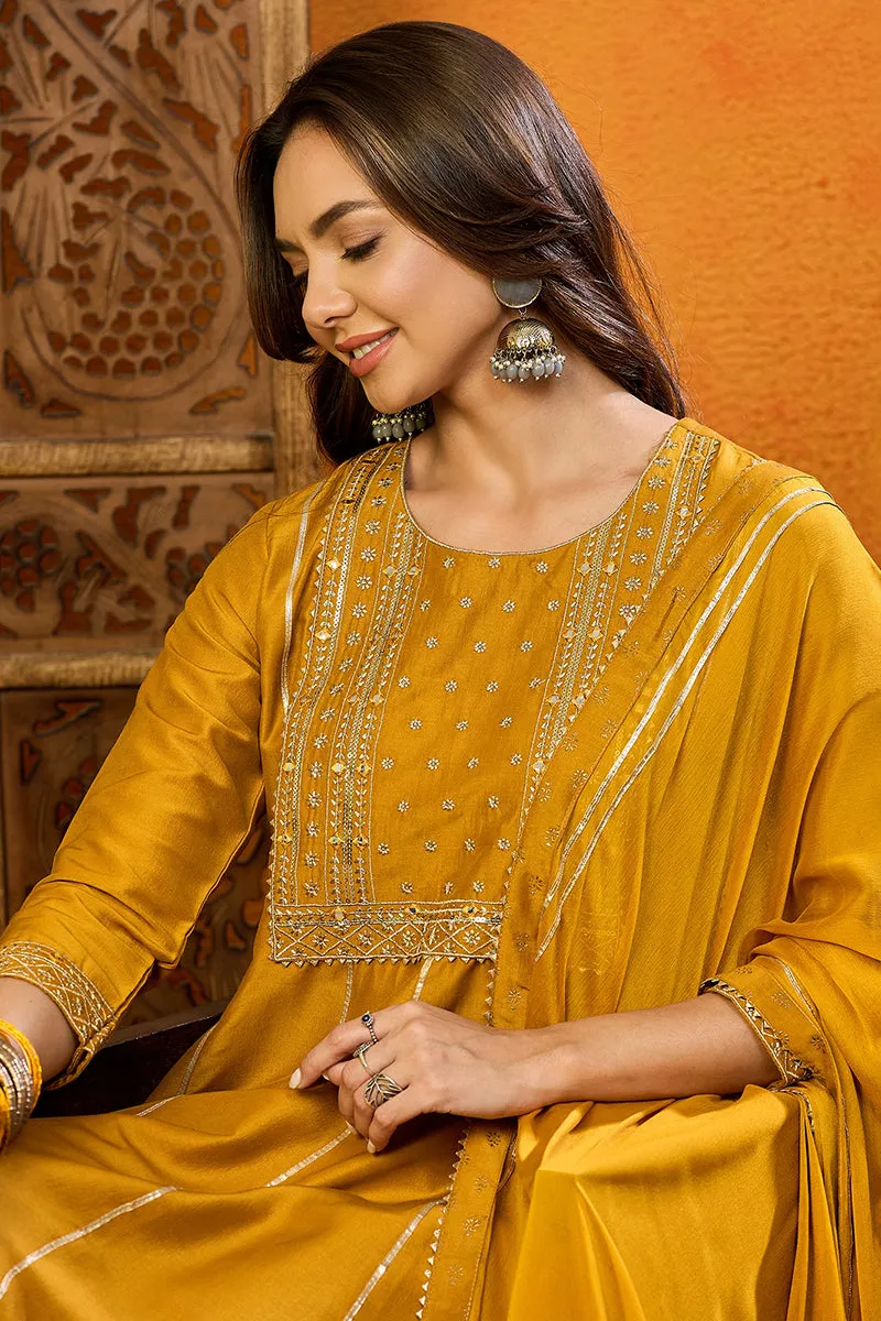 Mustard Silk Blend Solid Embroidered Anarkali Suit Set