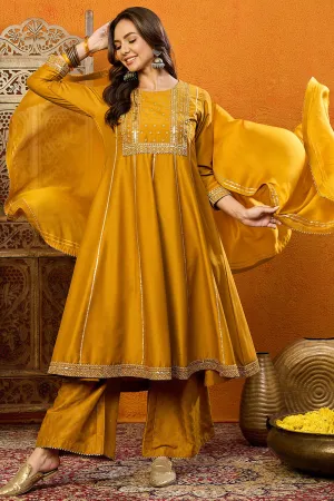 Mustard Silk Blend Solid Embroidered Anarkali Suit Set