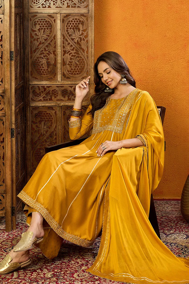 Mustard Silk Blend Solid Embroidered Anarkali Suit Set