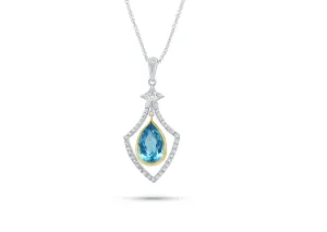 Necklace 18kt Gold Blue Topaz Pear Shape Pendant with Diamonds