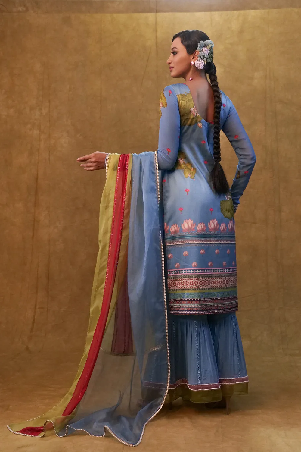 Ocean Blue Printed Kurta Set Paired With Color Block Dupatta And Flared Pants.