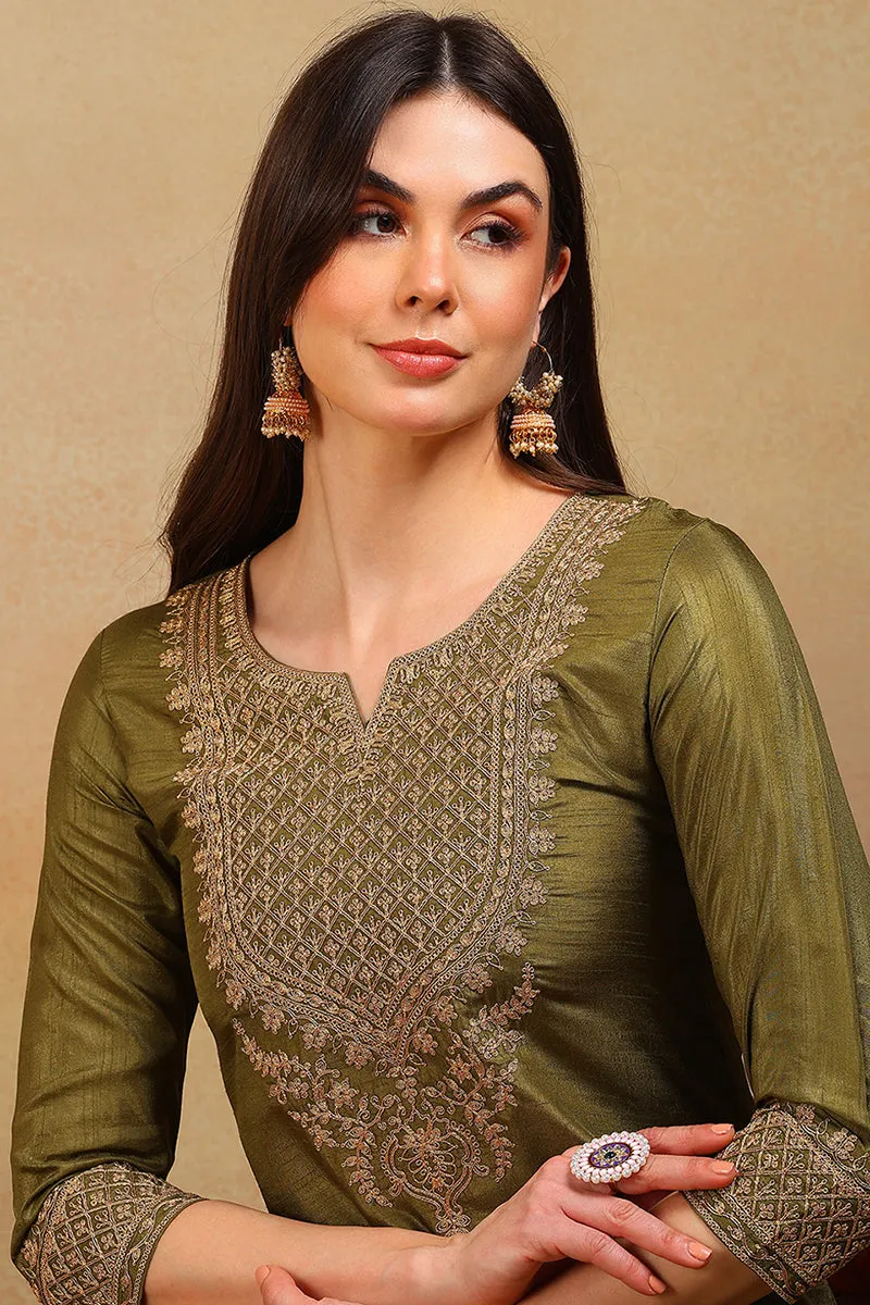 Olive Silk Blend Solid Embroidered Straight Suit Set