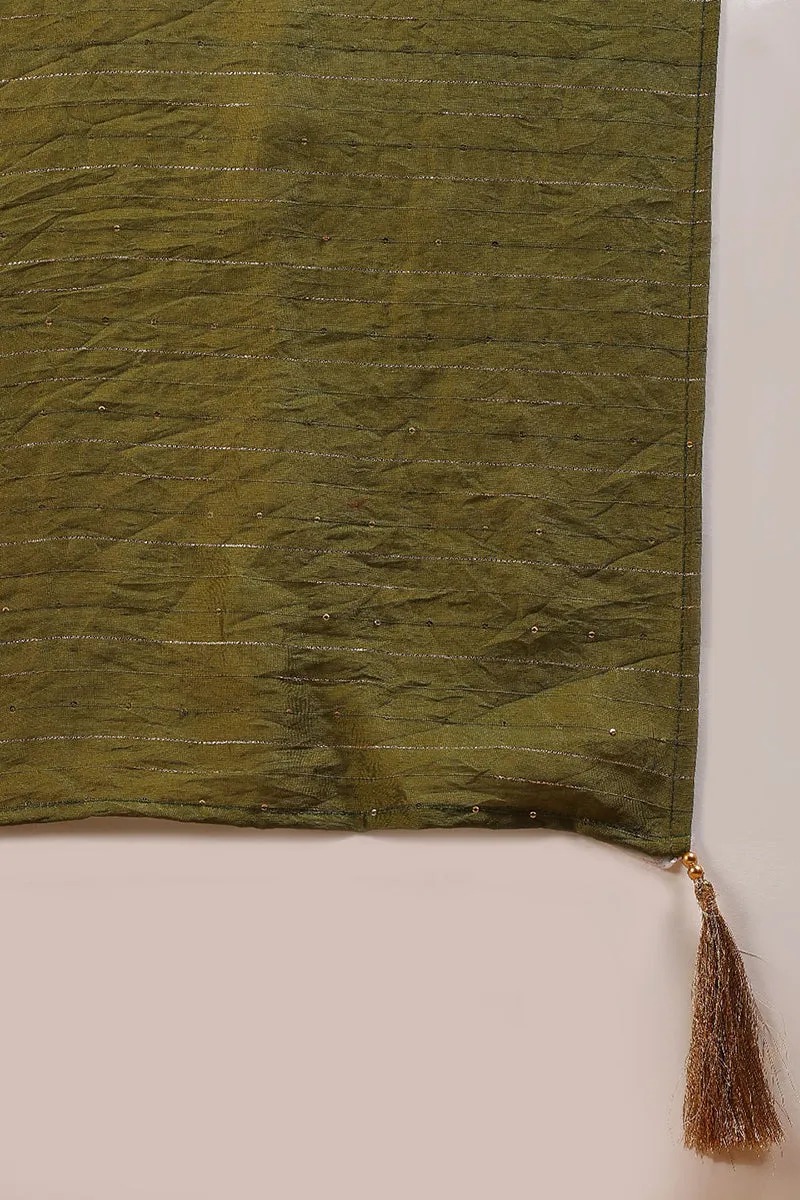 Olive Silk Blend Solid Embroidered Straight Suit Set