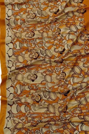 Orange Kalamkari Hand Painted Mangalagiri Silk Dupatta