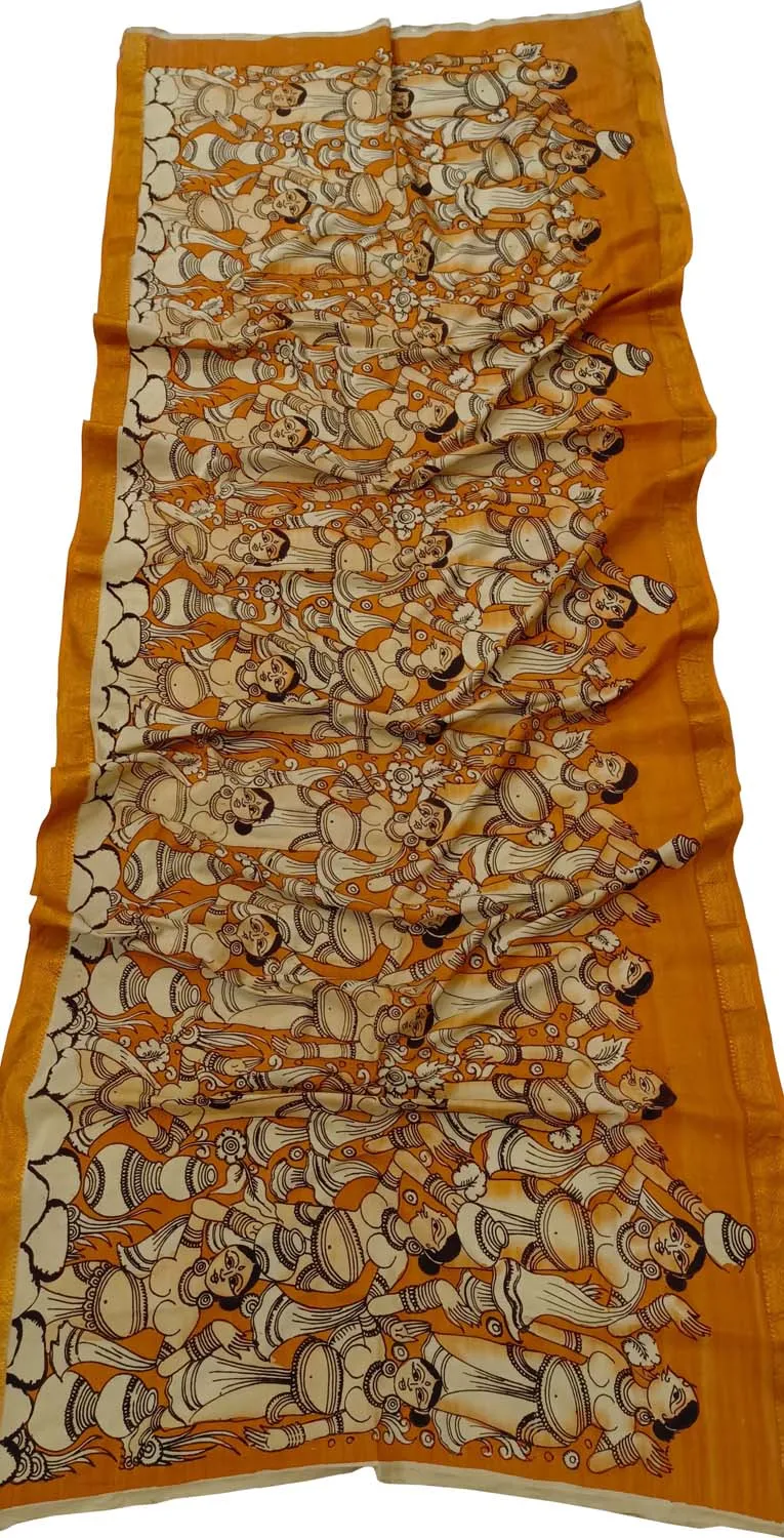 Orange Kalamkari Hand Painted Mangalagiri Silk Dupatta