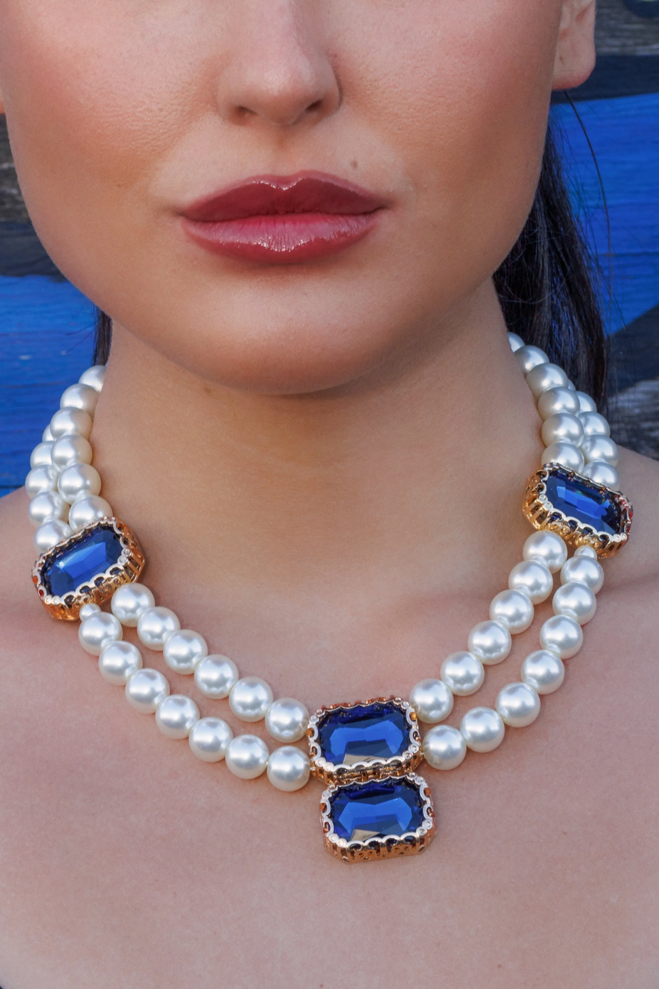 Pearl and Blue Jewel Tone Station Necklace