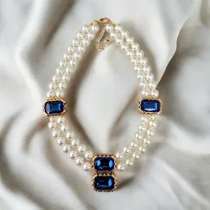 Pearl and Blue Jewel Tone Station Necklace