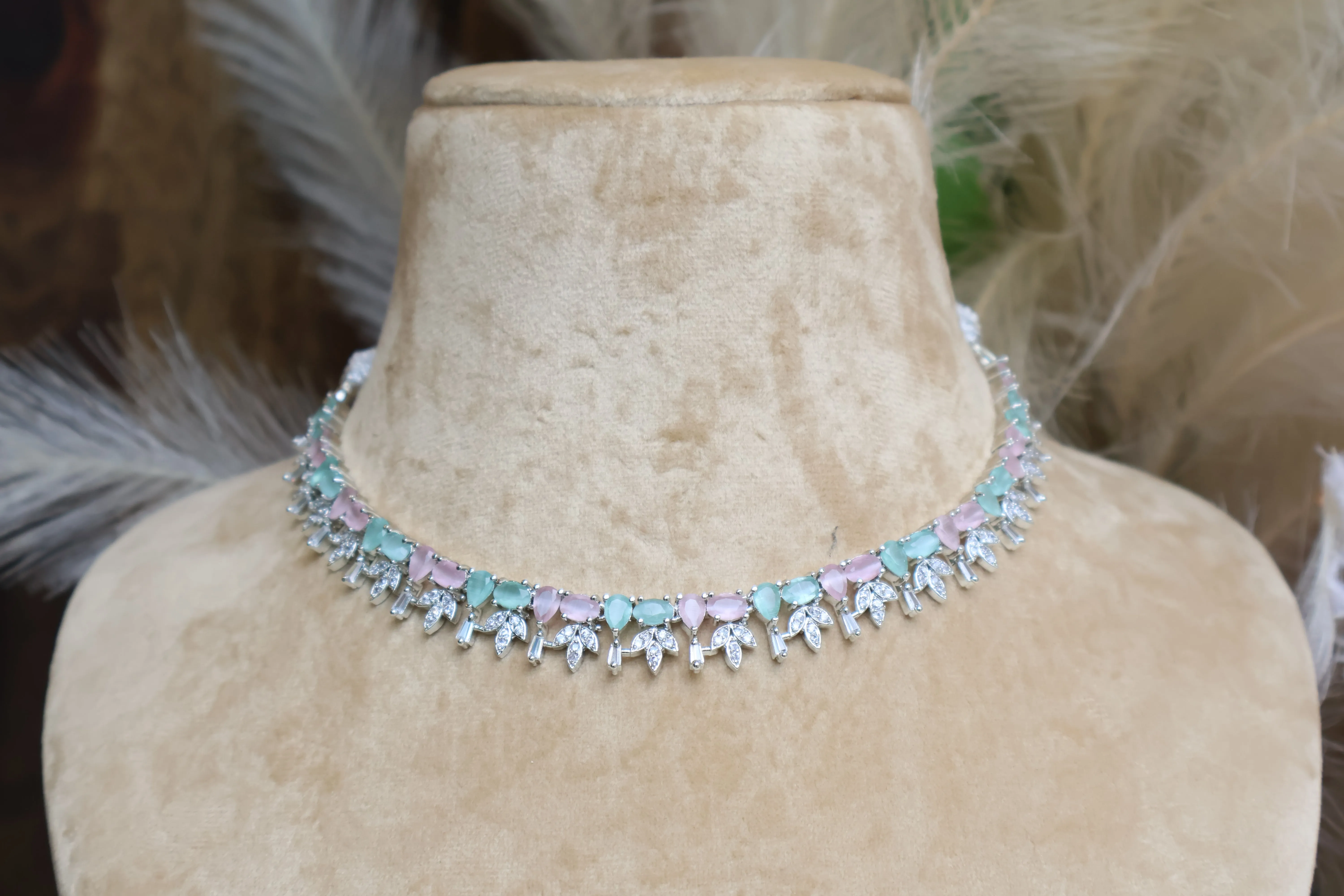 Pink & Mint Green stones AD Sleek Necklace