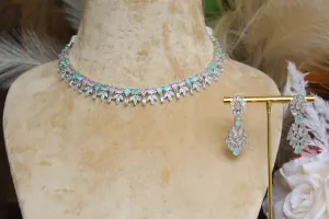 Pink & Mint Green stones AD Sleek Necklace