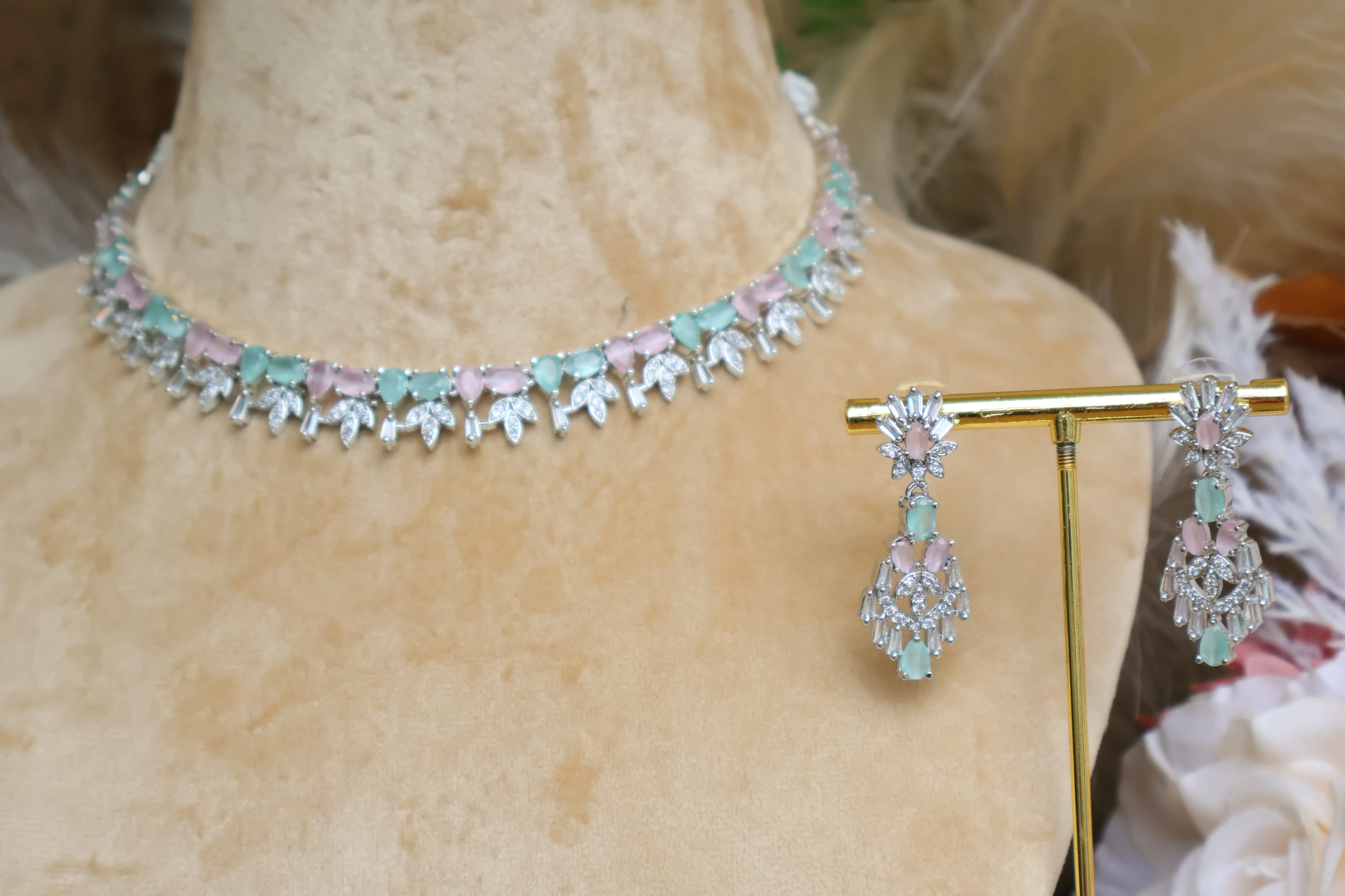 Pink & Mint Green stones AD Sleek Necklace
