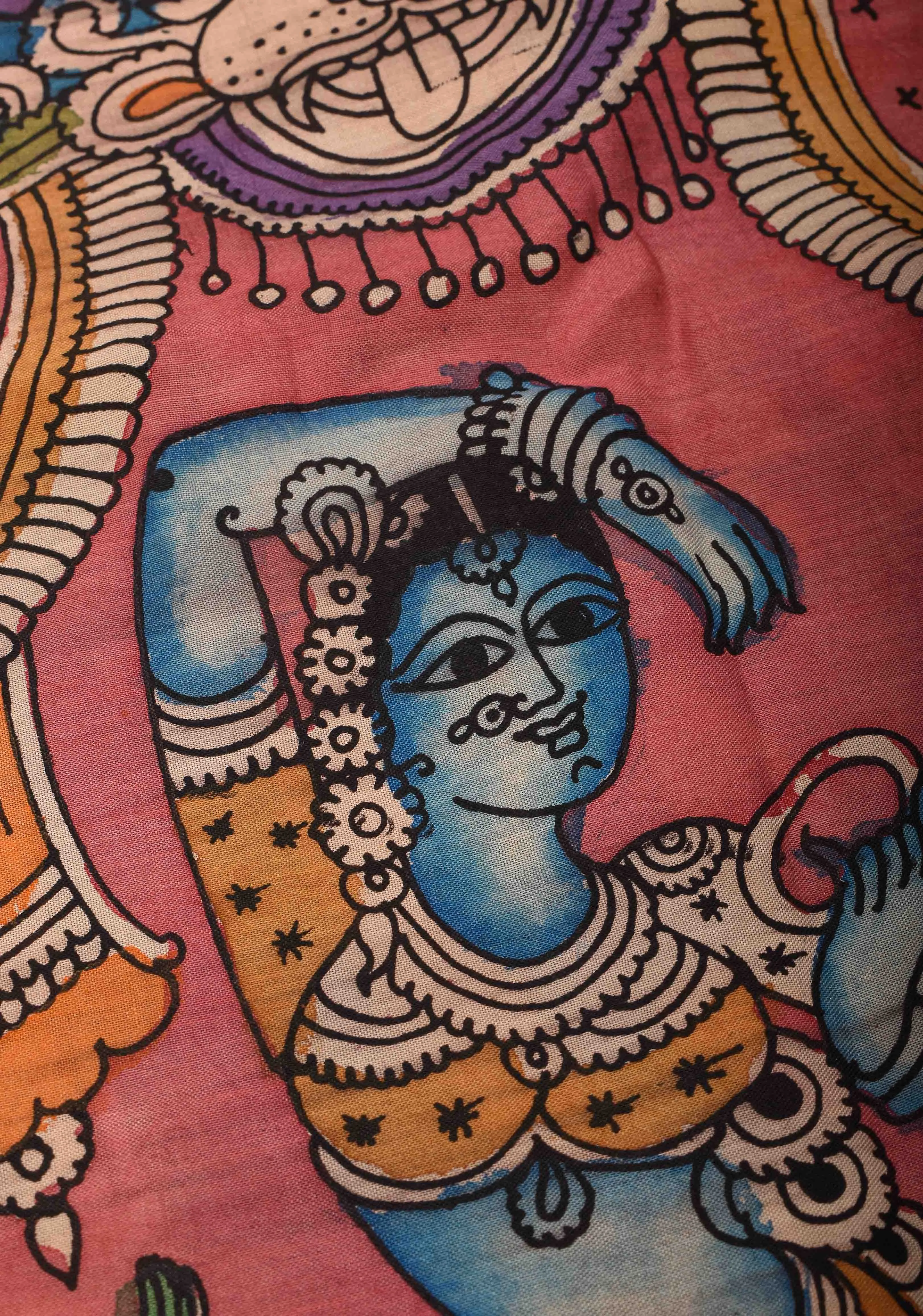 Radhakrishna and Dancing Queens : Authentic Pen kalamkari on pure Chennuri Silk Saree with Wide Zari Border