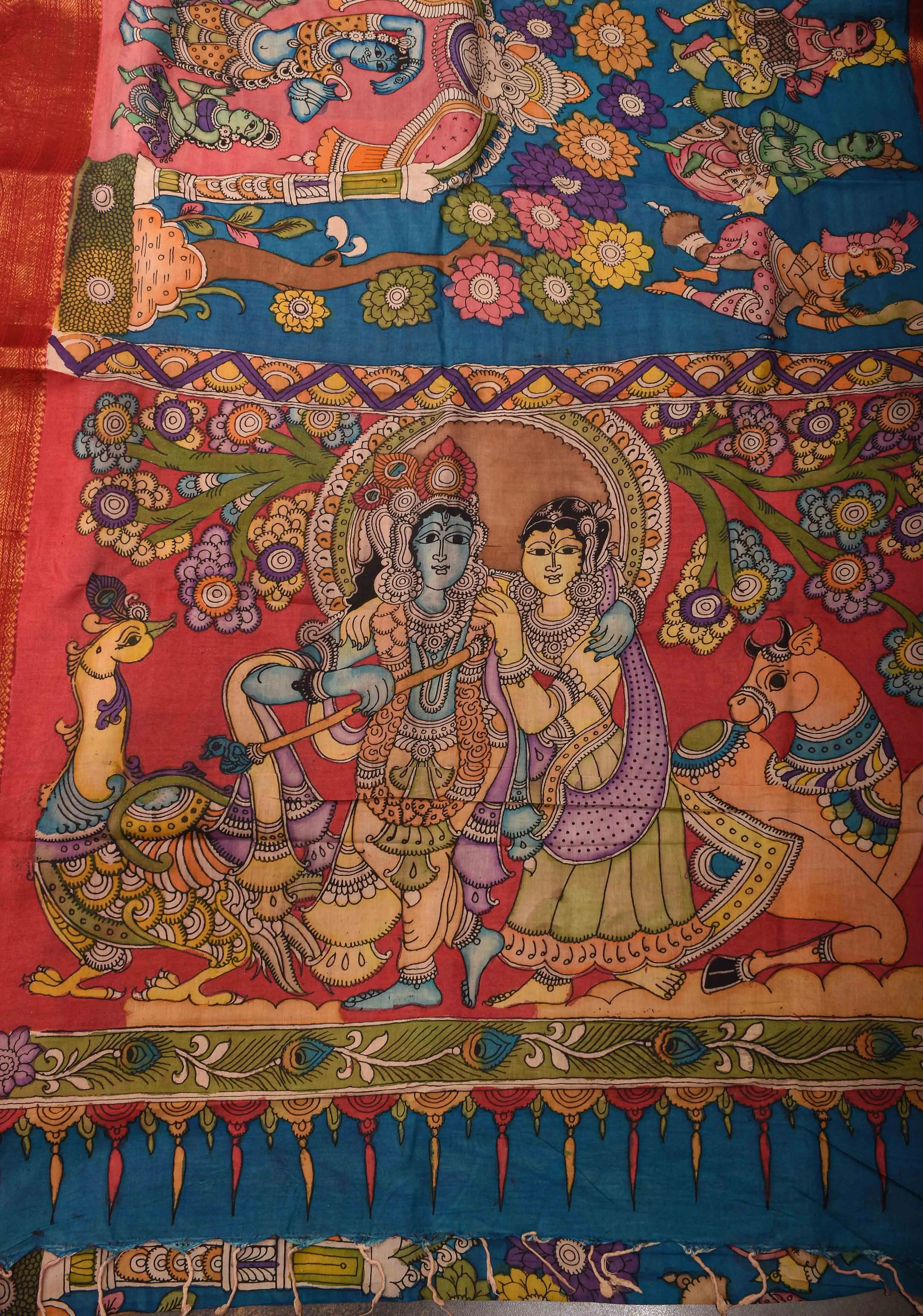 Radhakrishna and Dancing Queens : Authentic Pen kalamkari on pure Chennuri Silk Saree with Wide Zari Border