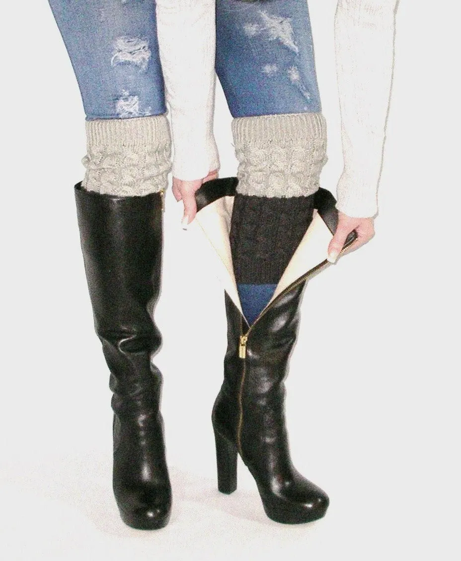 Reversible Gray Or Charcoal Boot Cuffs Cable Knit Two Tone Boho Boot Toppers One Size