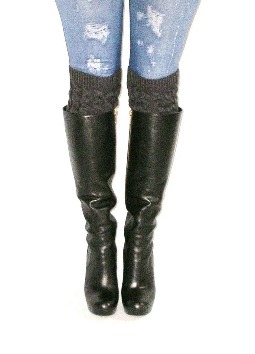 Reversible Gray Or Charcoal Boot Cuffs Cable Knit Two Tone Boho Boot Toppers One Size