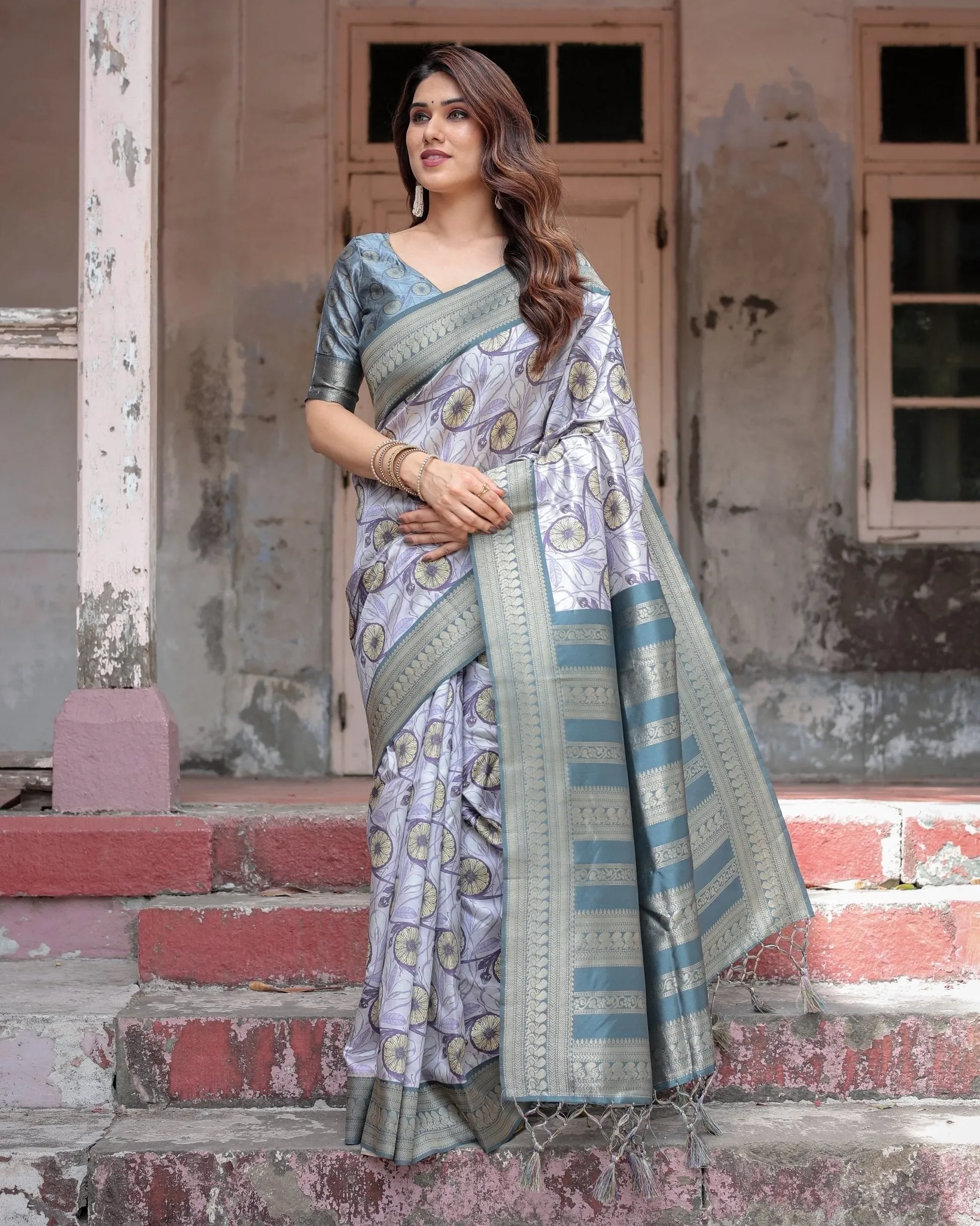 Sophisticated Lilac Banarasi Silk Saree with Floral Prints and Zari Tassel Border