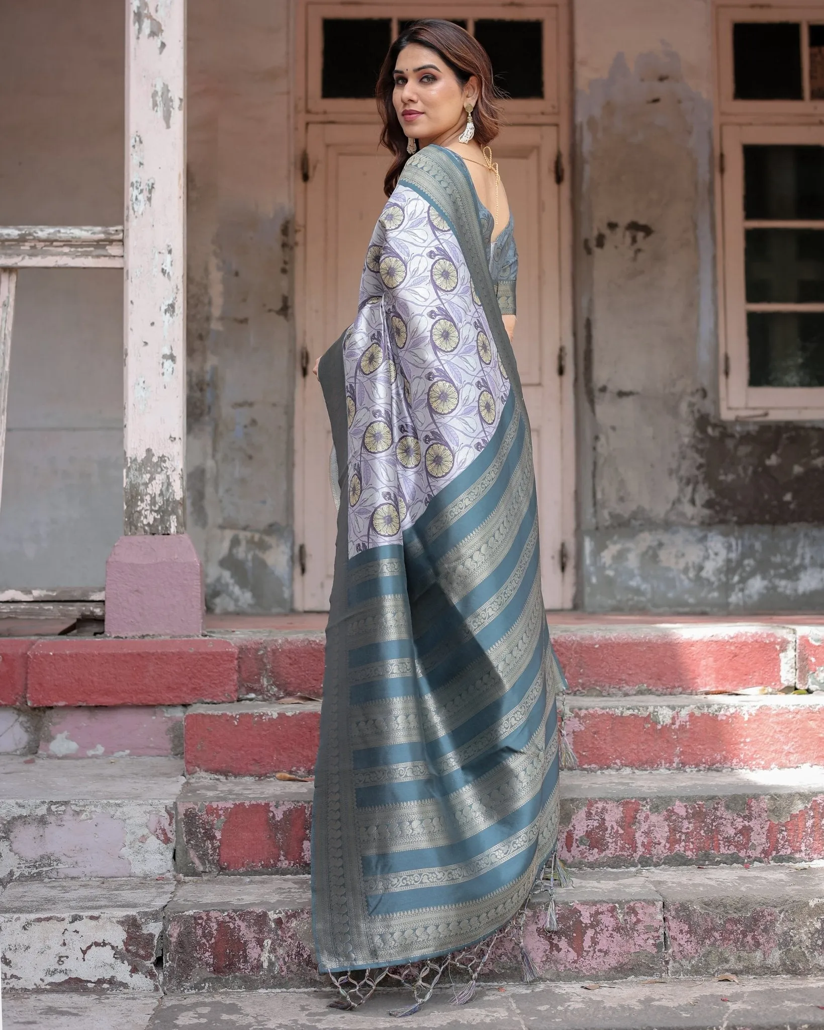 Sophisticated Lilac Banarasi Silk Saree with Floral Prints and Zari Tassel Border