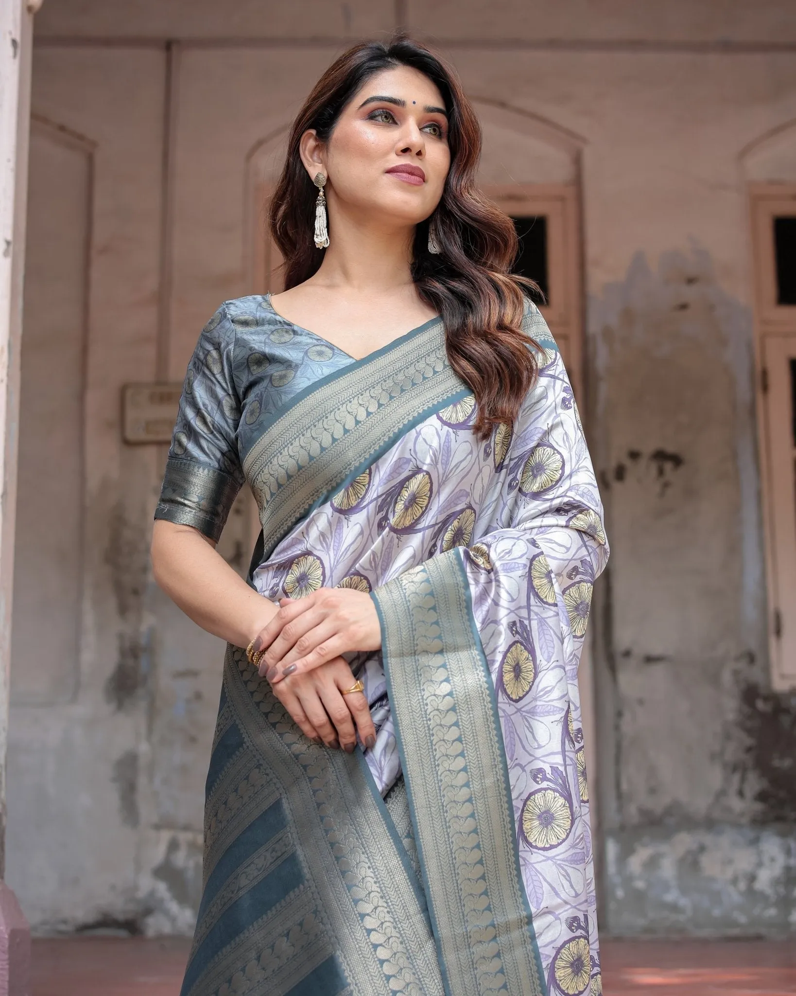 Sophisticated Lilac Banarasi Silk Saree with Floral Prints and Zari Tassel Border