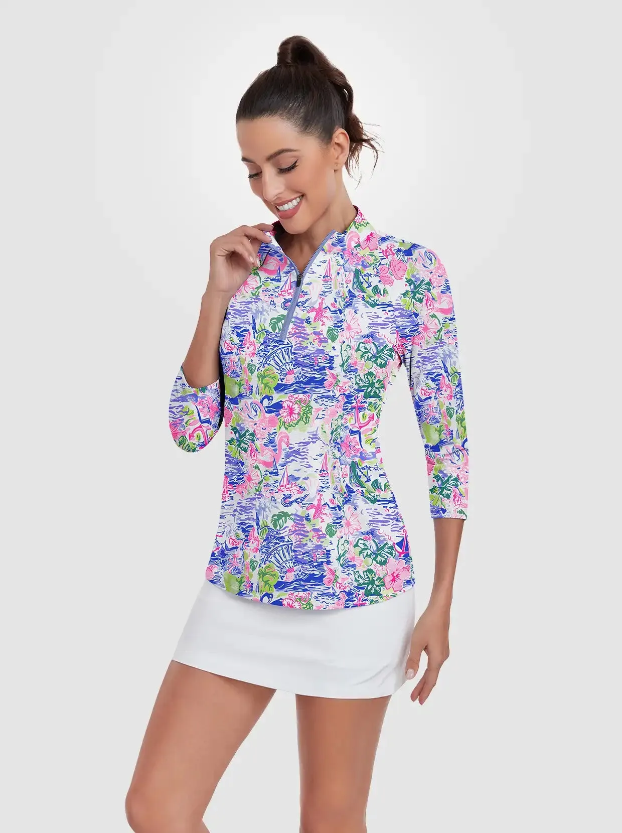 Spring Scenery Print Quarter-zip 3/4 Sleeve Polo Shirt For Women