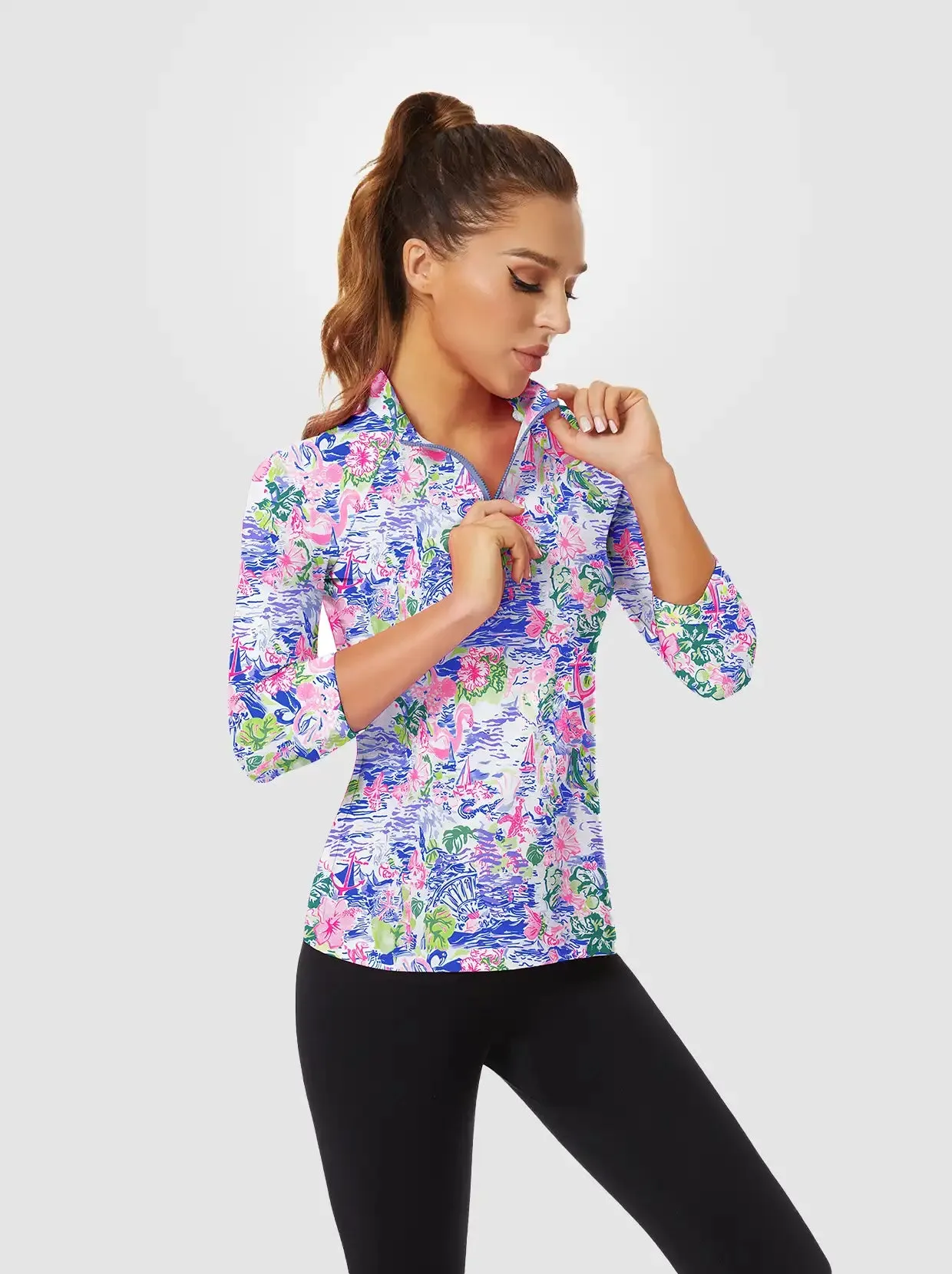 Spring Scenery Print Quarter-zip 3/4 Sleeve Polo Shirt For Women