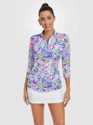 Spring Scenery Print Quarter-zip 3/4 Sleeve Polo Shirt For Women