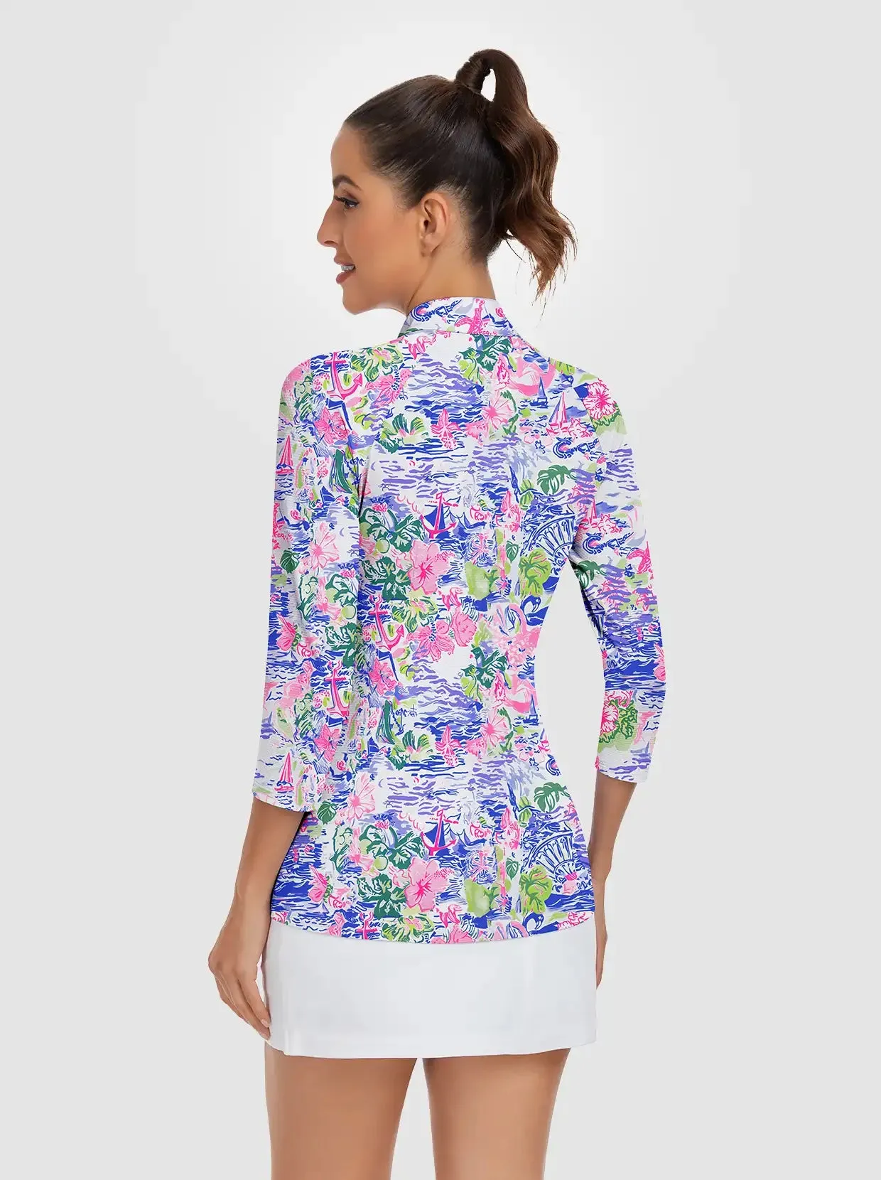 Spring Scenery Print Quarter-zip 3/4 Sleeve Polo Shirt For Women