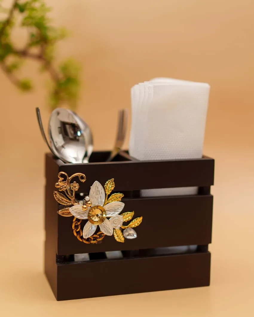 The Allure of Royal Blossom Wooden Brown Cutlery Holder | 6 x 4 x 5 inches