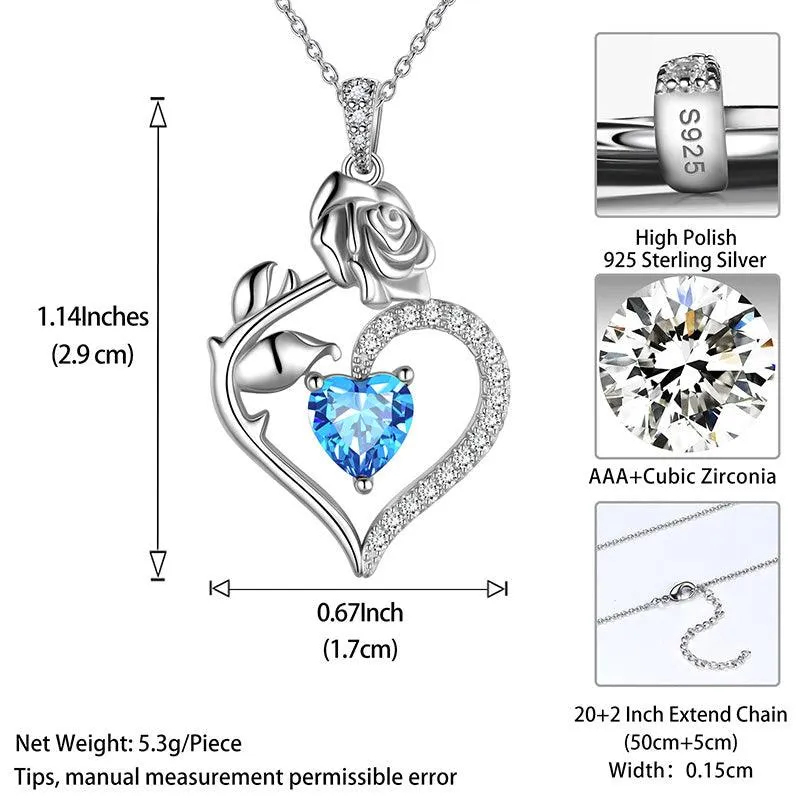 Tokyo Mart March Aquamarine Necklace Women Heart Birthstone Pendant Flower Rose Jewelry Birthday Gifts