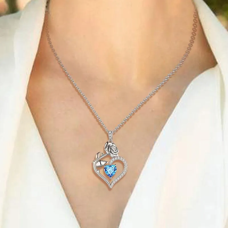 Tokyo Mart March Aquamarine Necklace Women Heart Birthstone Pendant Flower Rose Jewelry Birthday Gifts