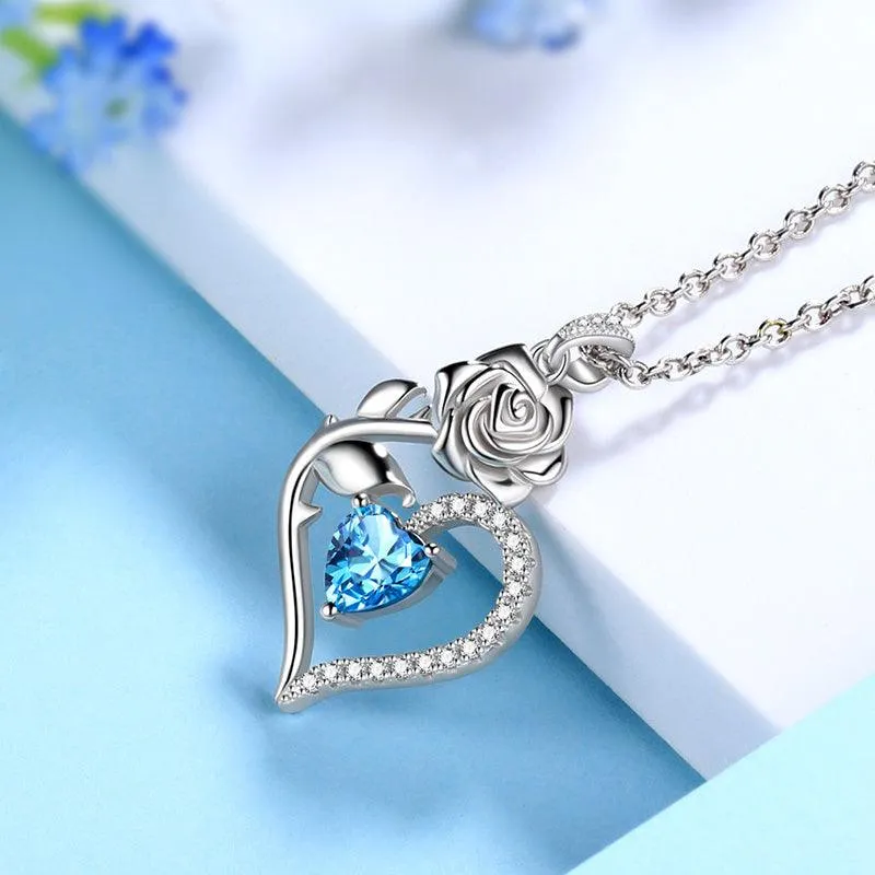 Tokyo Mart March Aquamarine Necklace Women Heart Birthstone Pendant Flower Rose Jewelry Birthday Gifts