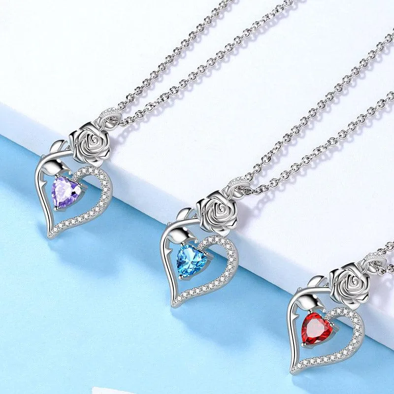 Tokyo Mart March Aquamarine Necklace Women Heart Birthstone Pendant Flower Rose Jewelry Birthday Gifts