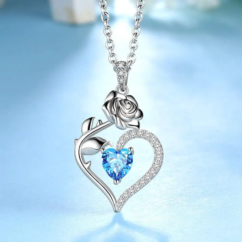 Tokyo Mart March Aquamarine Necklace Women Heart Birthstone Pendant Flower Rose Jewelry Birthday Gifts