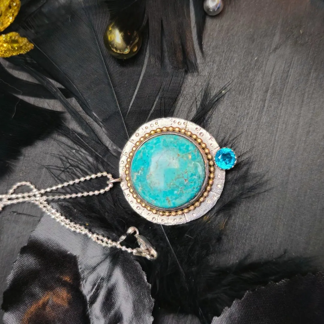 Turquoise and Sterling Silver Pendant – Handmade Boho Necklace with Paraiba Blue Quartz