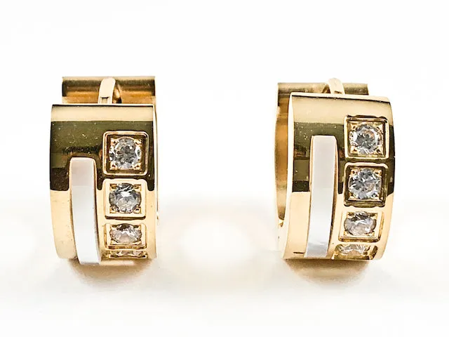 Unique Dainty Mother Of Pearl With CZ Design Gold Tone Huggie Steel Earrings