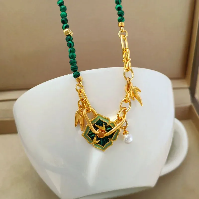 VAIGE Elegant Green Composite Stone & Gold Necklace with Vintage Charm