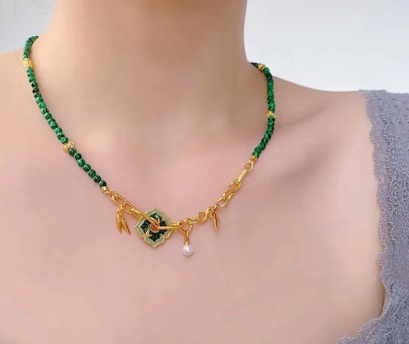 VAIGE Elegant Green Composite Stone & Gold Necklace with Vintage Charm