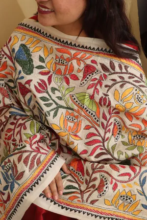 Vibrant Multicolor Hand Embroidered Kantha Tussar Silk Dupatta