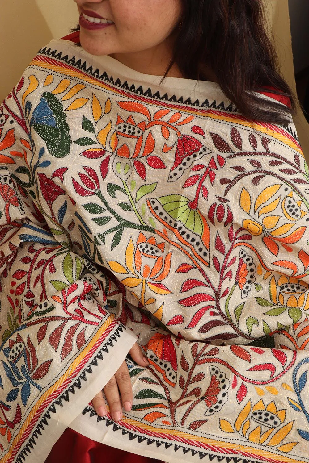 Vibrant Multicolor Hand Embroidered Kantha Tussar Silk Dupatta