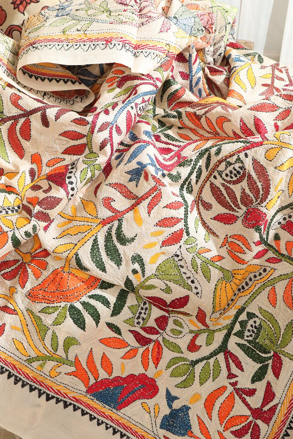 Vibrant Multicolor Hand Embroidered Kantha Tussar Silk Dupatta