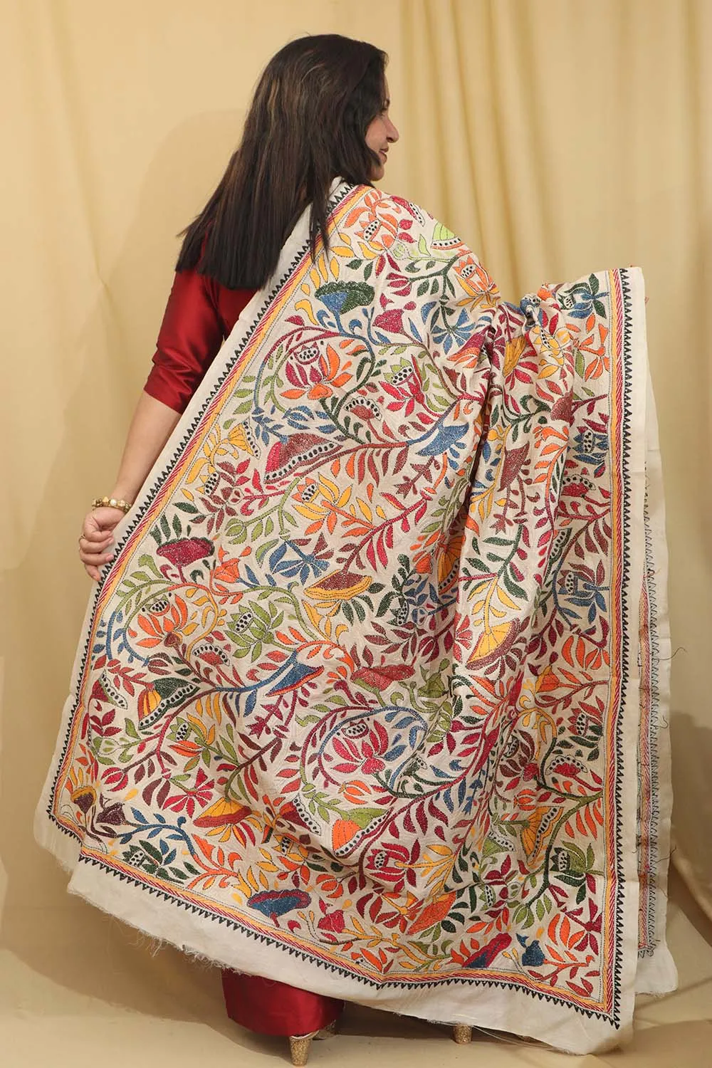 Vibrant Multicolor Hand Embroidered Kantha Tussar Silk Dupatta