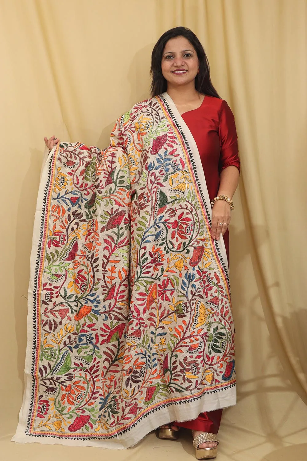 Vibrant Multicolor Hand Embroidered Kantha Tussar Silk Dupatta