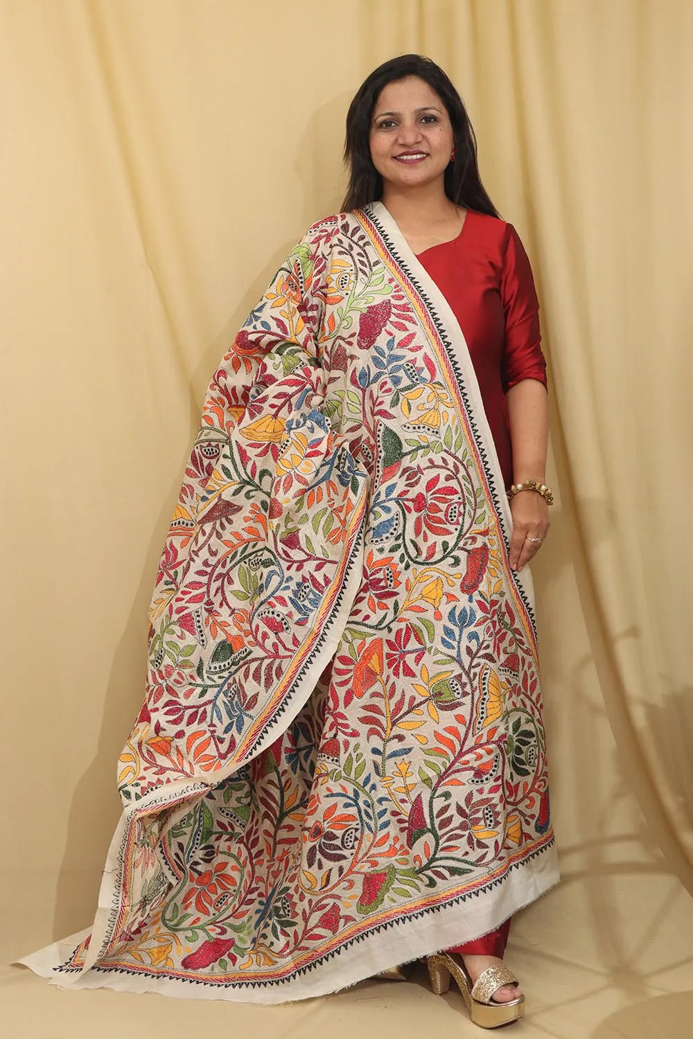 Vibrant Multicolor Hand Embroidered Kantha Tussar Silk Dupatta