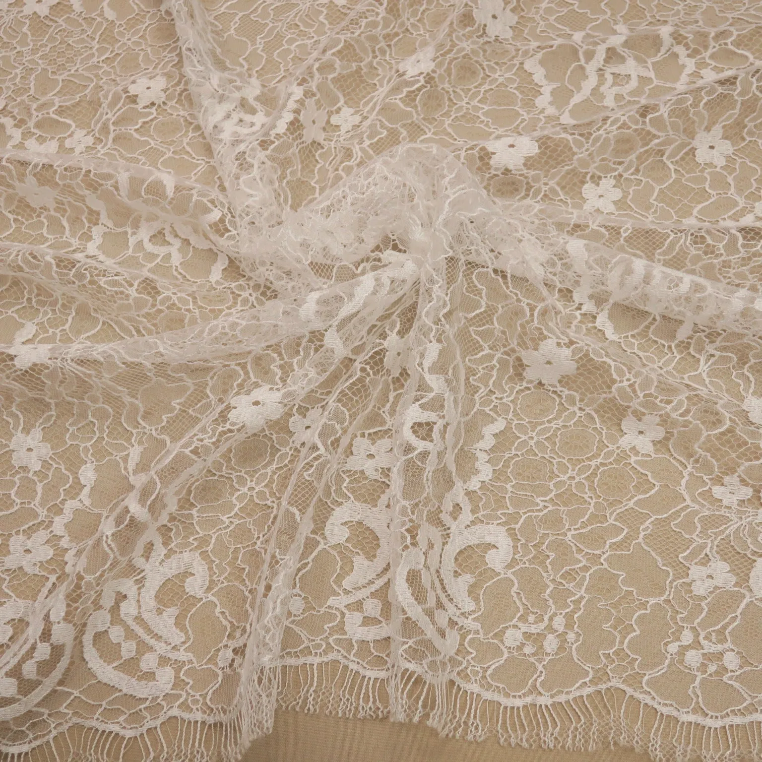 White Embroidered Tulle Floral Double Scalloped Lace