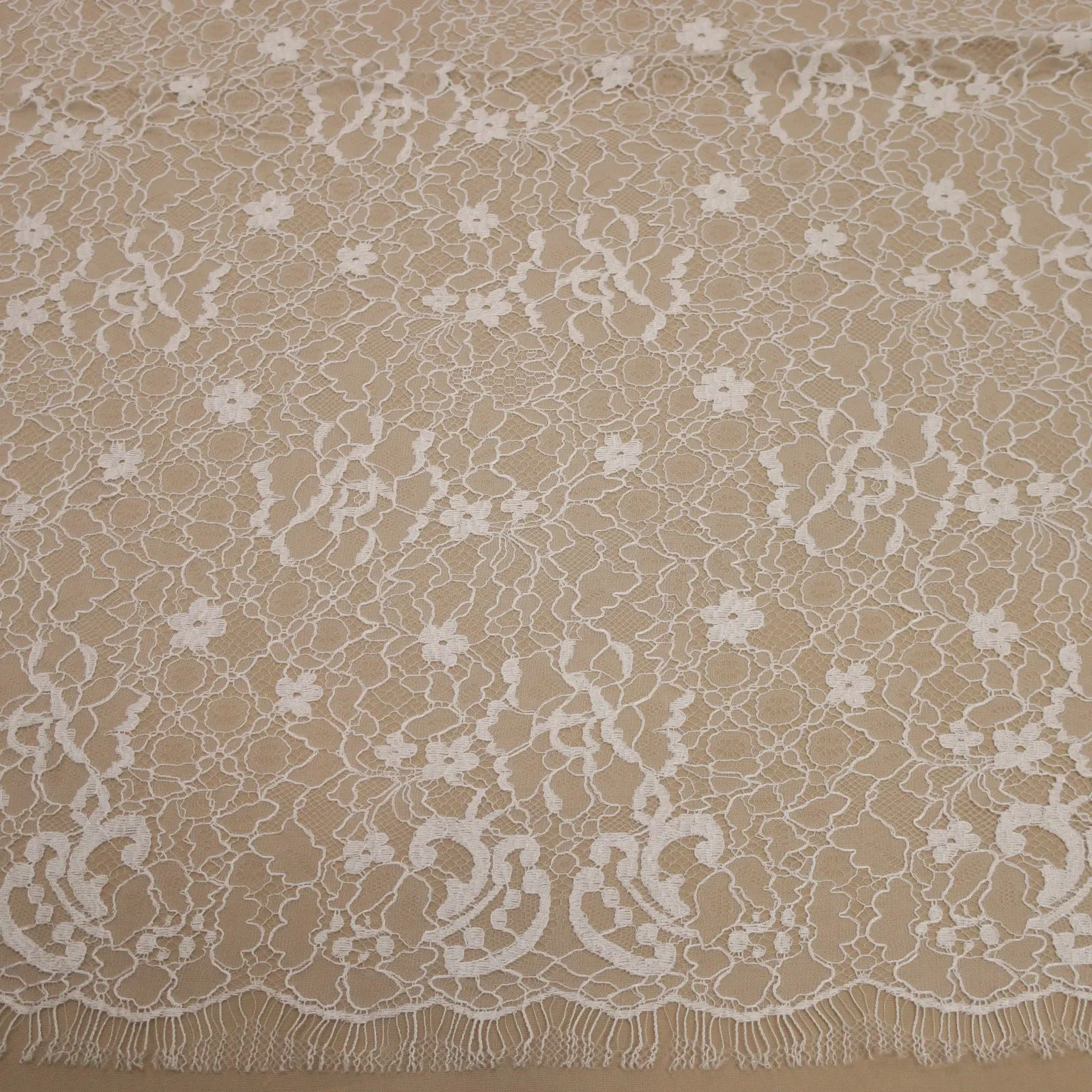 White Embroidered Tulle Floral Double Scalloped Lace