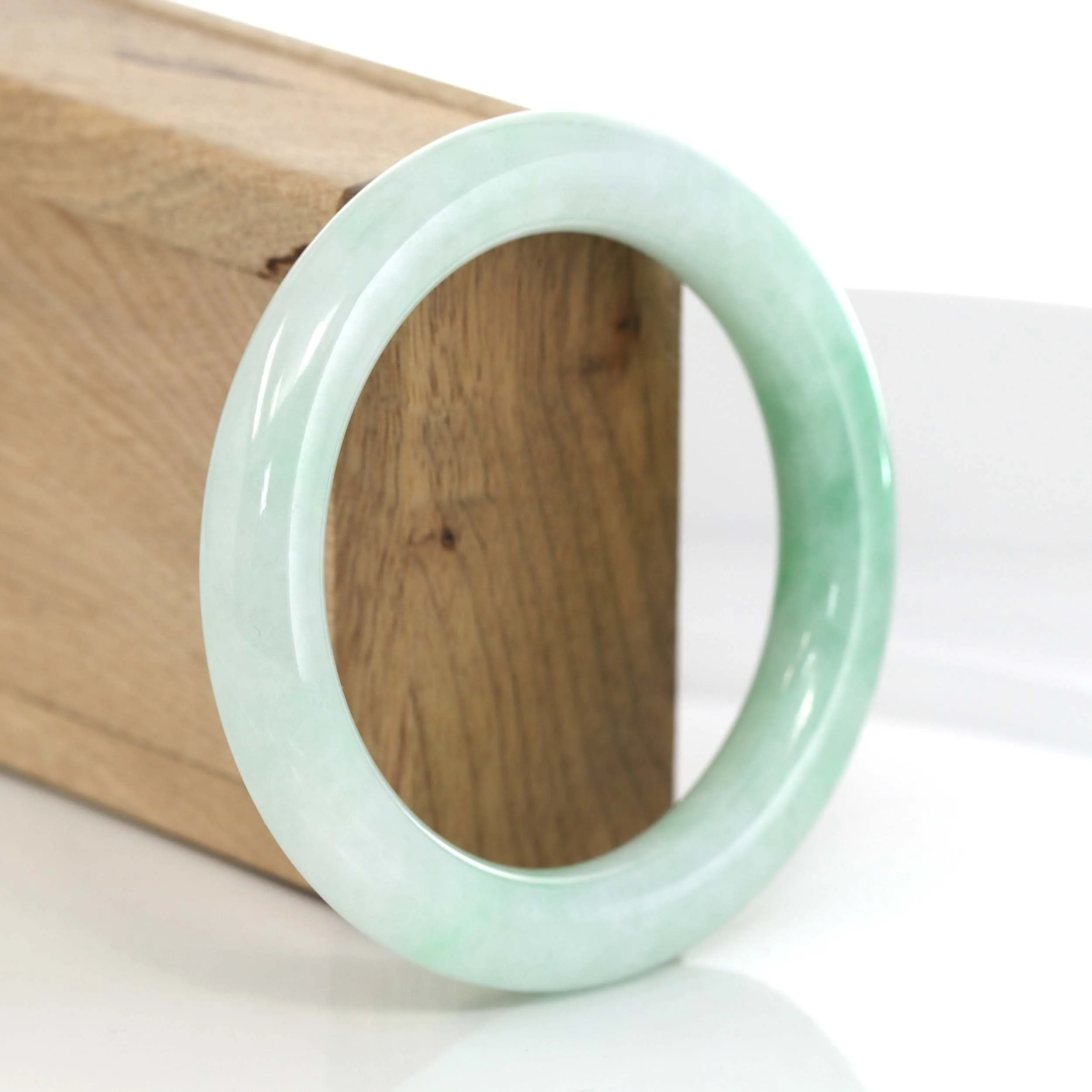 White- Green Genuine Burmese Jadeite Jade Round Bangle Bracelet (55.69 mm) #620
