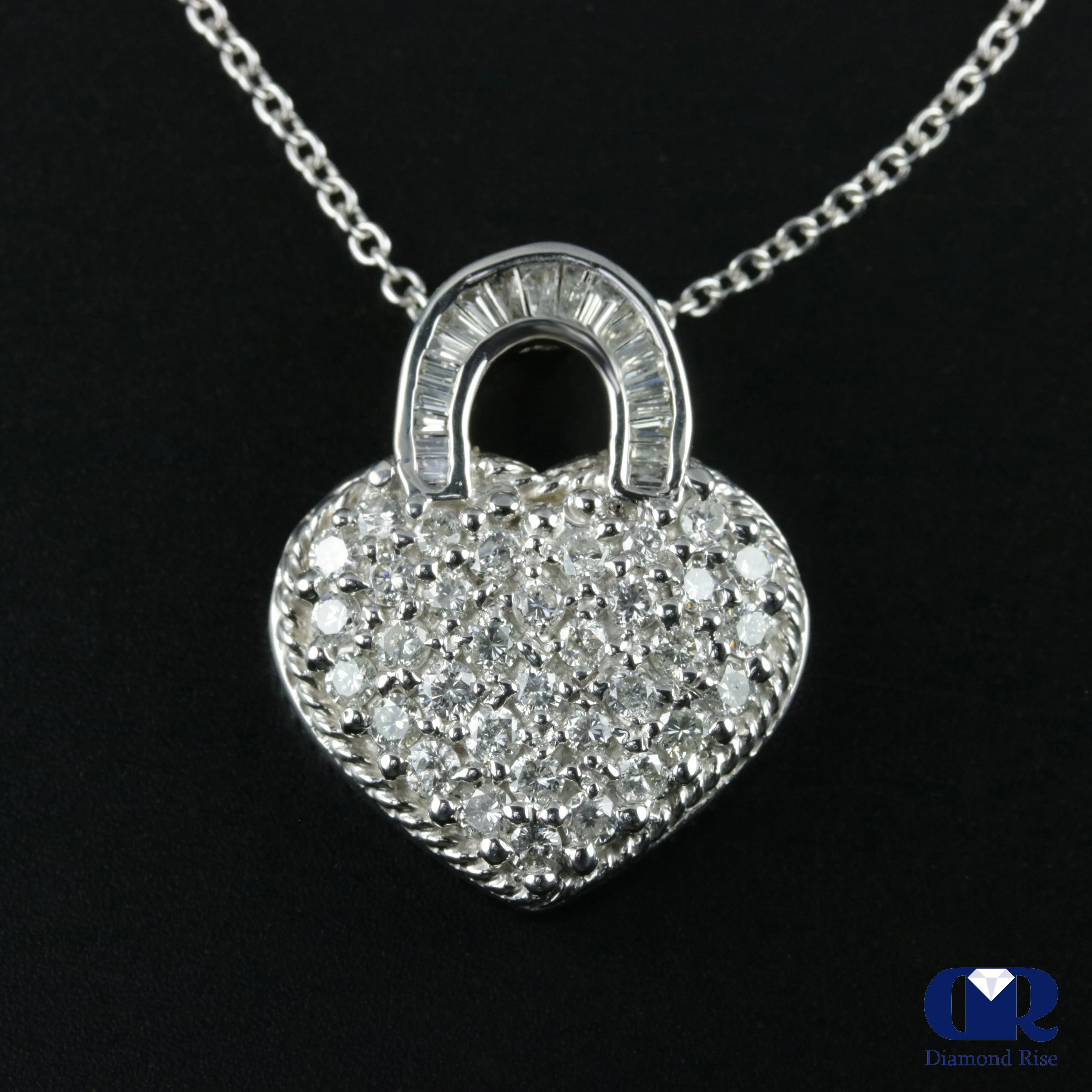 Women's Diamond Heart Shaped Basket Slide Pendant Necklace In 14K White Gold