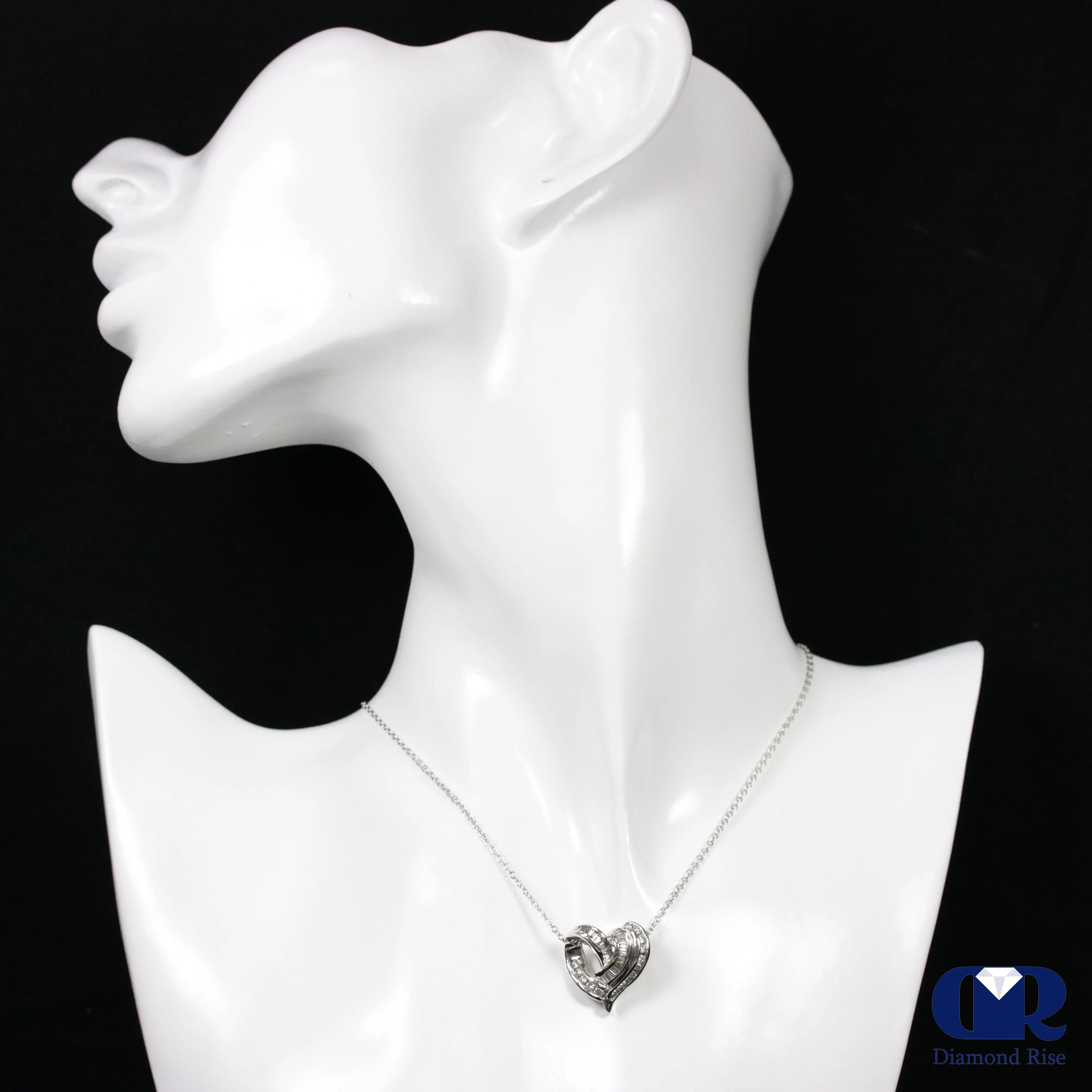 Women's Round & Baguette Diamond Heart Shaped Slide Pendant In 14K White Gold