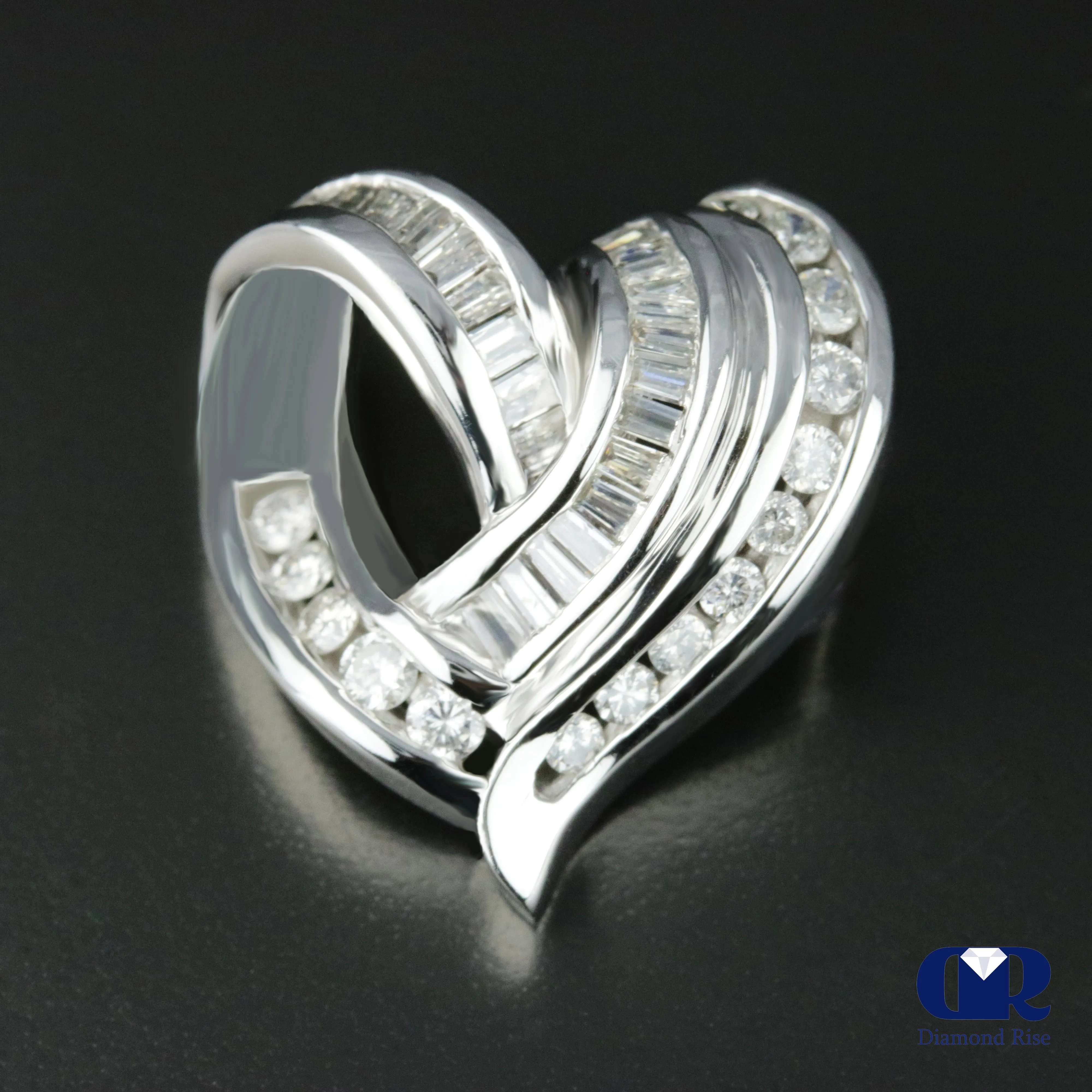 Women's Round & Baguette Diamond Heart Shaped Slide Pendant In 14K White Gold