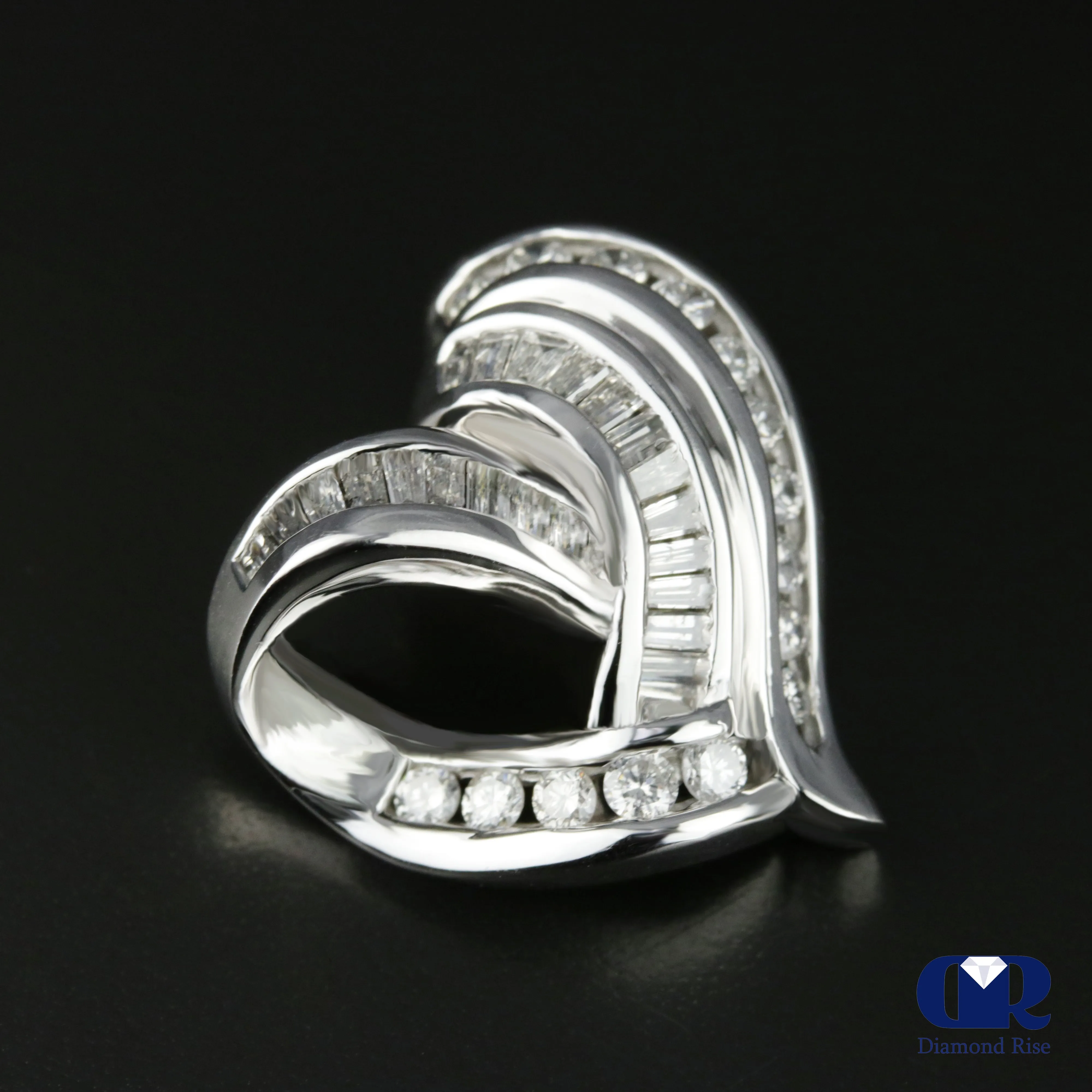 Women's Round & Baguette Diamond Heart Shaped Slide Pendant In 14K White Gold
