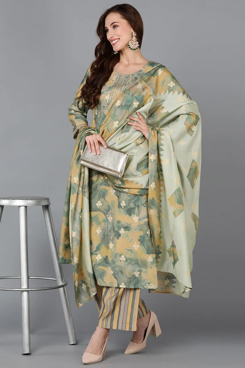 Yellow Silk Blend Straight Kurta Palazzo With Dupatta